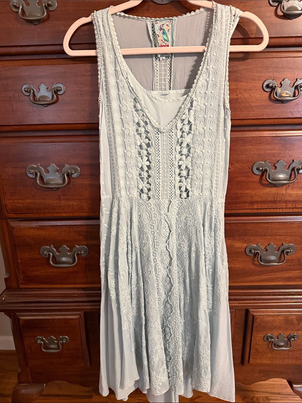 Johnny Was Pale Blue Lace-Panel Midi Dress